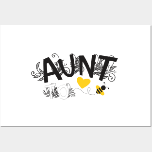 Aunt To Be | Modern Cute Black And White Floral Typography With Yellow Bee And Heart | New Baby Announcement Posters and Art